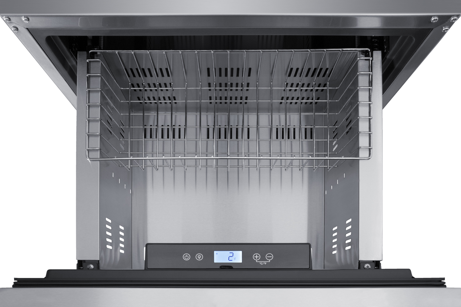 Commercially listed ENERGY STAR certified 2-drawer frost-free freezer in stainless steel designed for indoor or outdoor use under standard or ADA compliant counters